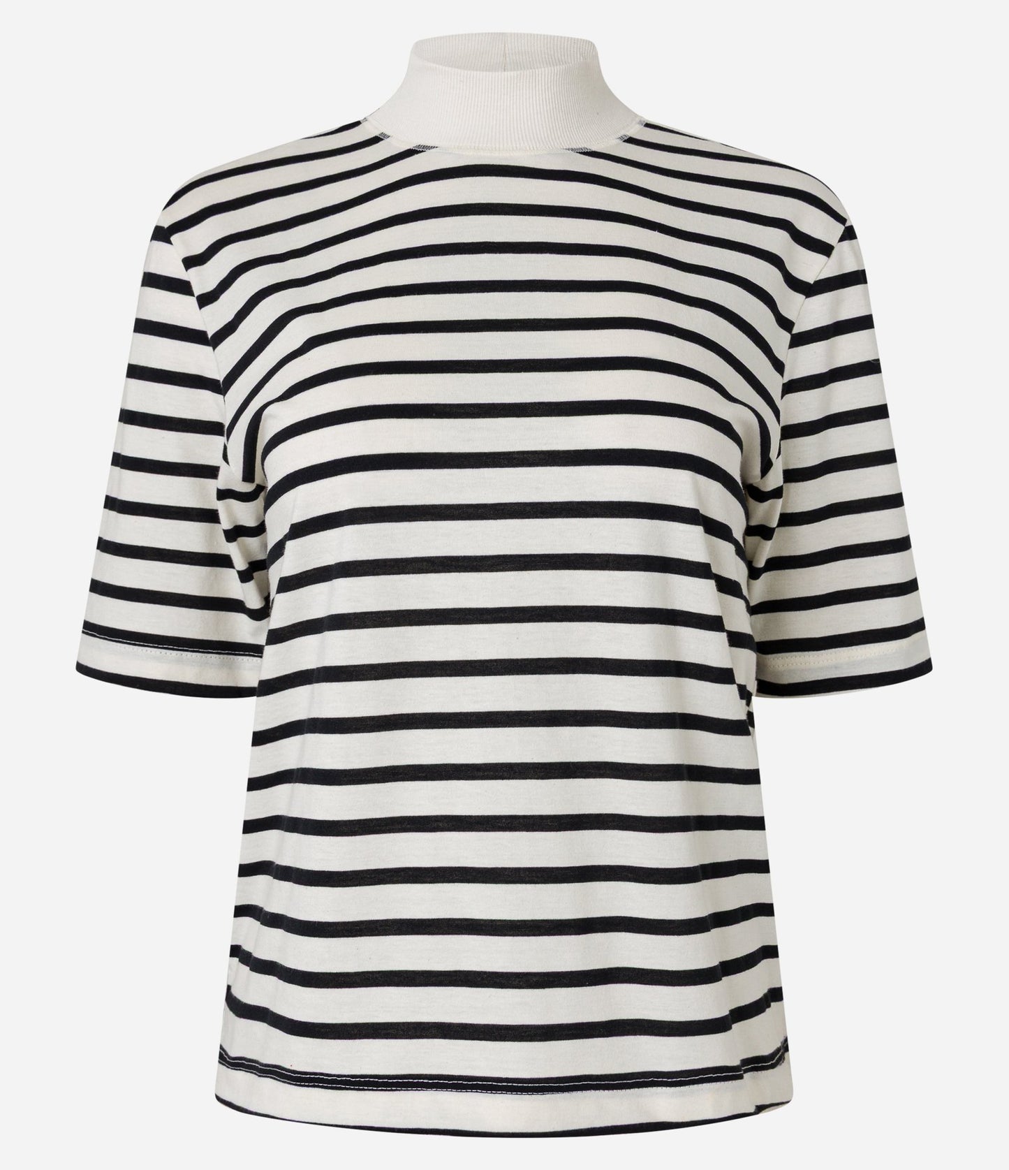 Striped High Neck Cotton T-Shirt - White