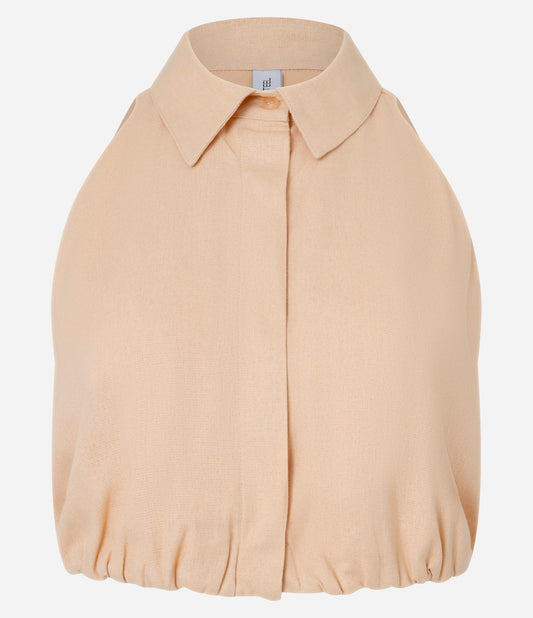 Blusa Cropped Bege com Mangas Bufantes, Linho e Gola de Camisa