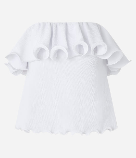 White Textured Strapless Top with Structured Ruffles