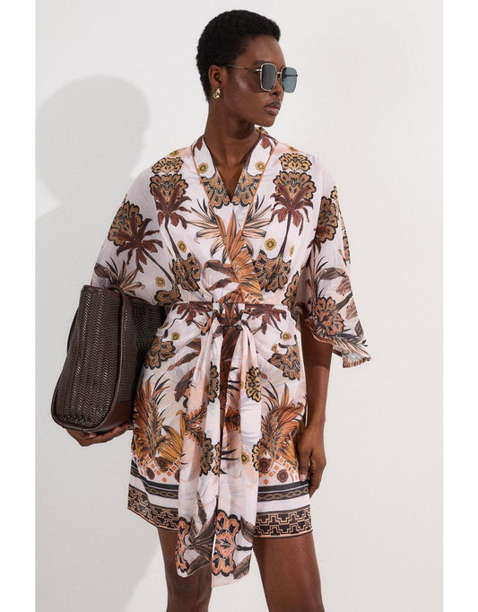 Mini abito in cotone con stampa astratta e maniche a kimono intrecciate