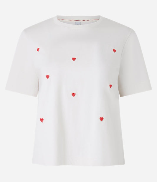 Camiseta de Algodão com Bordado de Coração Branco