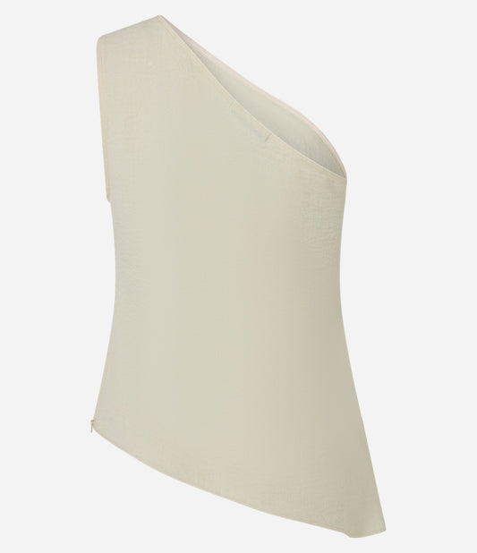 Camicetta beige off-shoulder in Viscolinho con ruche