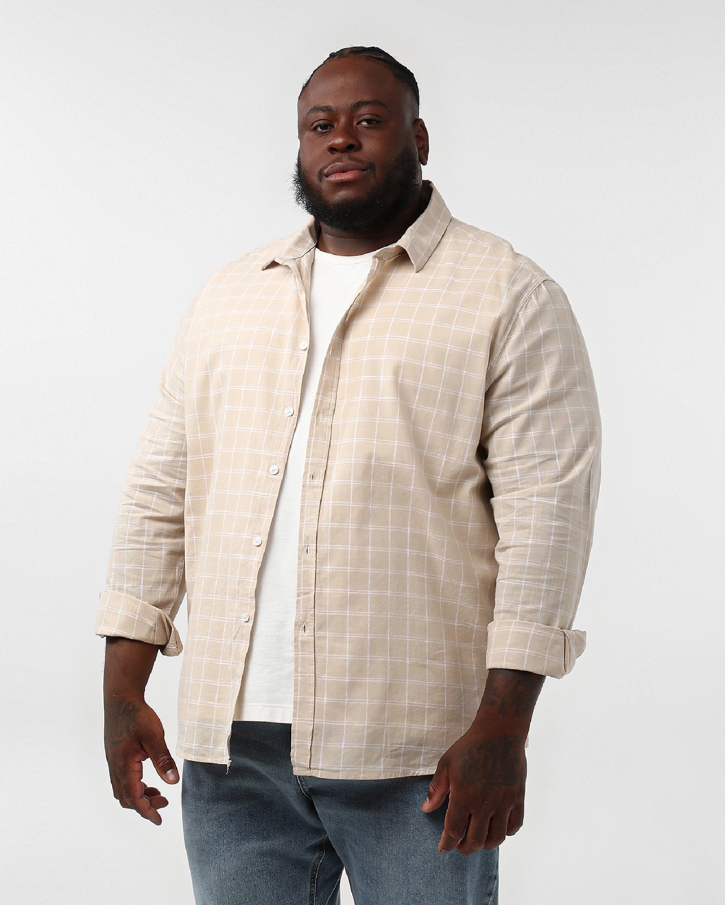 Men's Plus Size Linen Checkered Shirt - Beige | Original Plus By Riachuelo