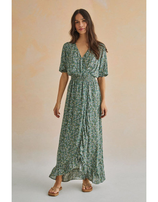 Vestido midi com babados estampado verde