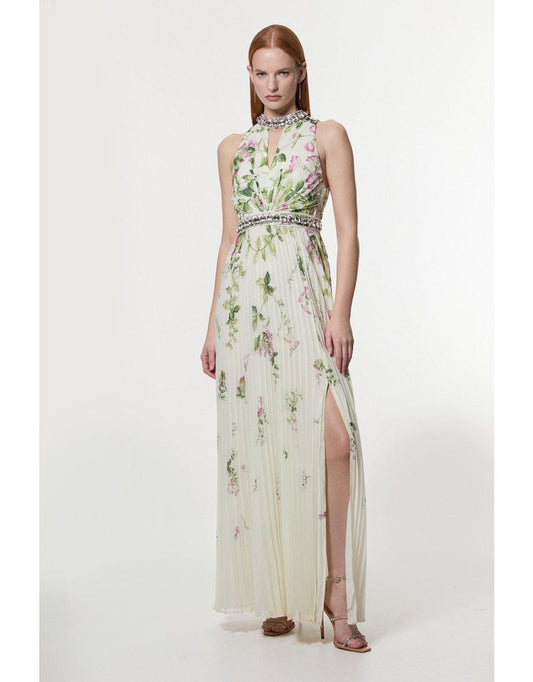 Vestido Maxi Petite Floral Halter com acabamento em esmalte de diamante, pregas de tecido e fenda lateral