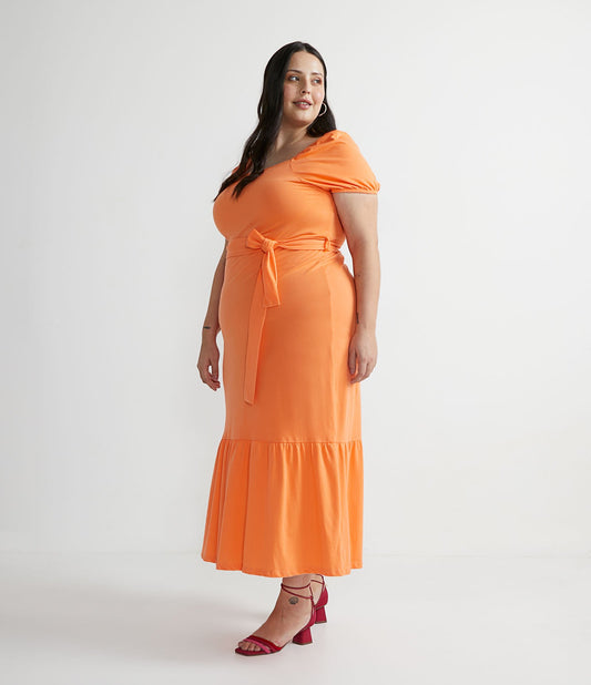 Vestido midi de algodão com mangas curtas bufantes e bainha com babados, Curve & Plus Size, laranja