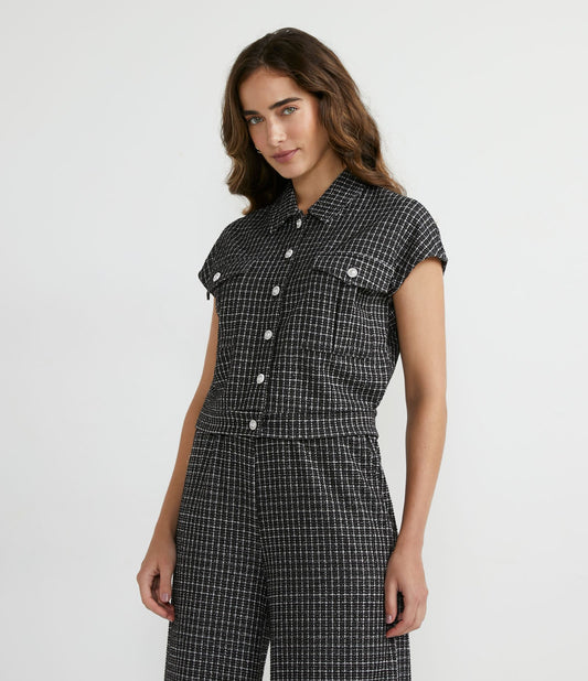 Short-Sleeve Tweed Shirt with Black Checkered Pattern