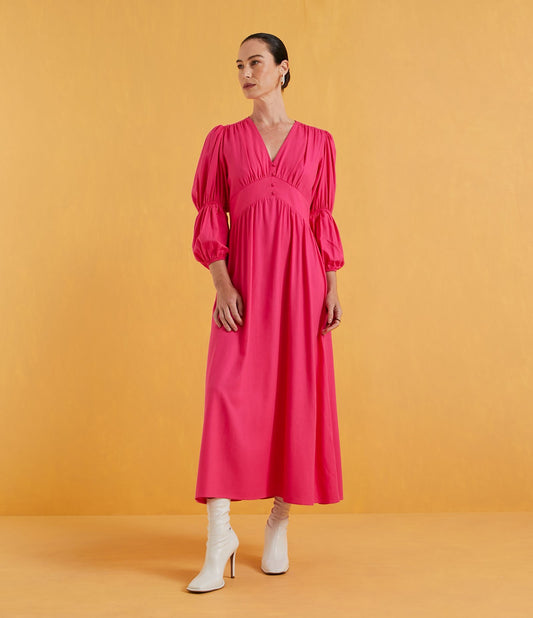 Vestito midi rosa in Viscolinho con maniche lunghe a sbuffo