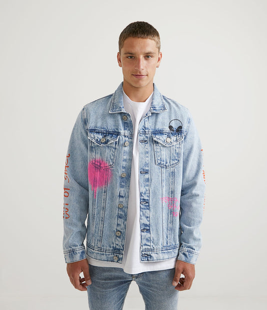 Denim Trucker Jacket with Spray Details and Blue Alien Design