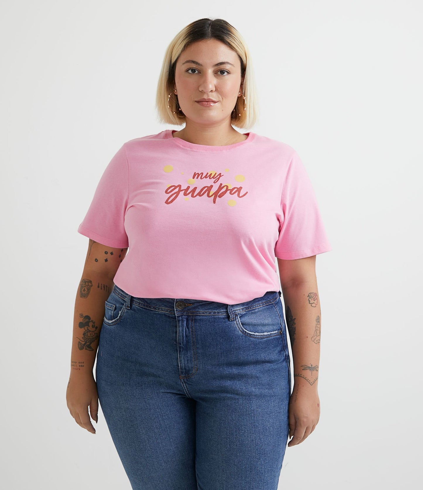 Top a maniche corte in cotone con stampa frontale Muy Guapa Curve & Plus Size Rosa