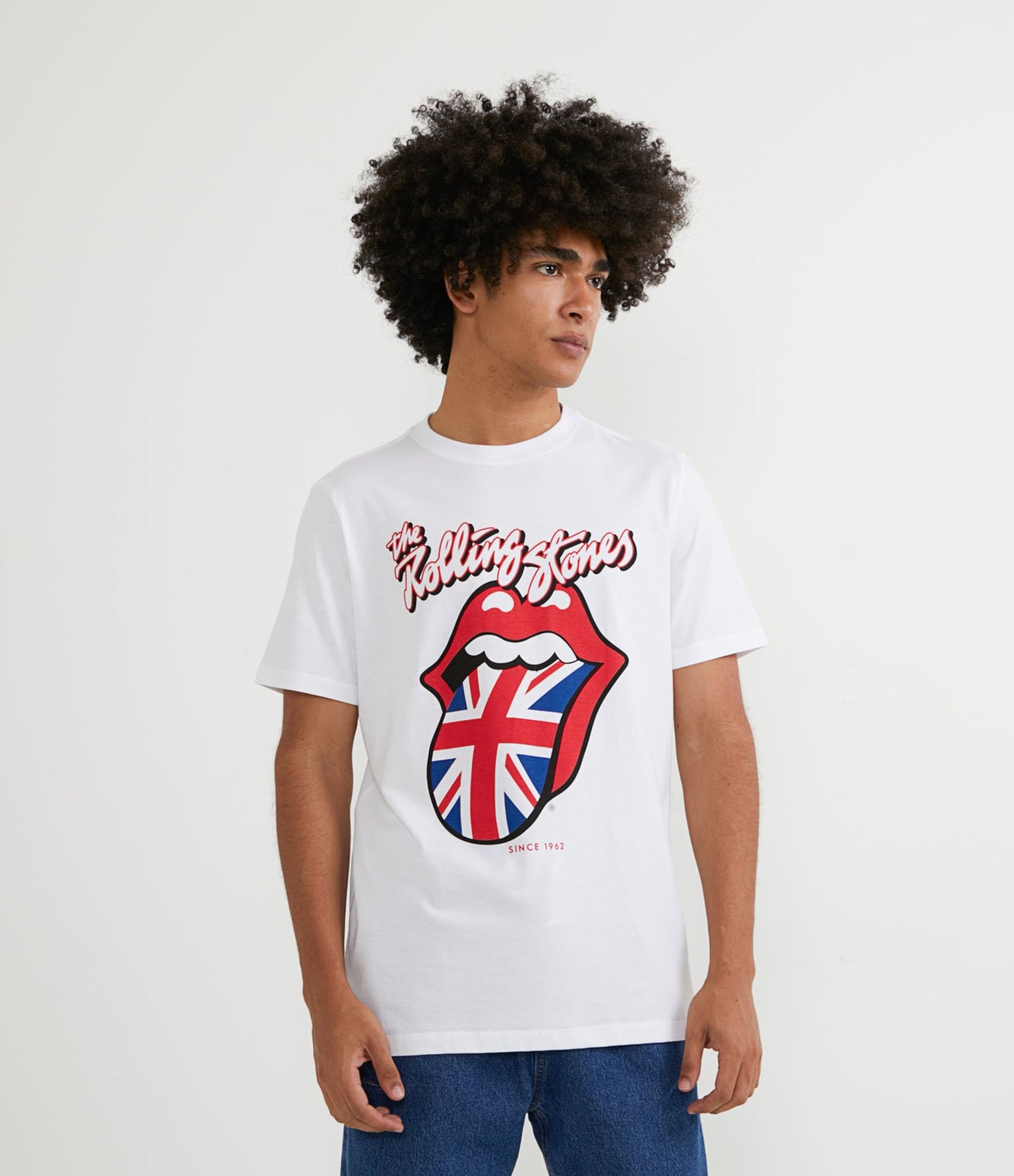 Camiseta blanca de manga corta de los Rolling Stones con diseño de lengua inglesa
