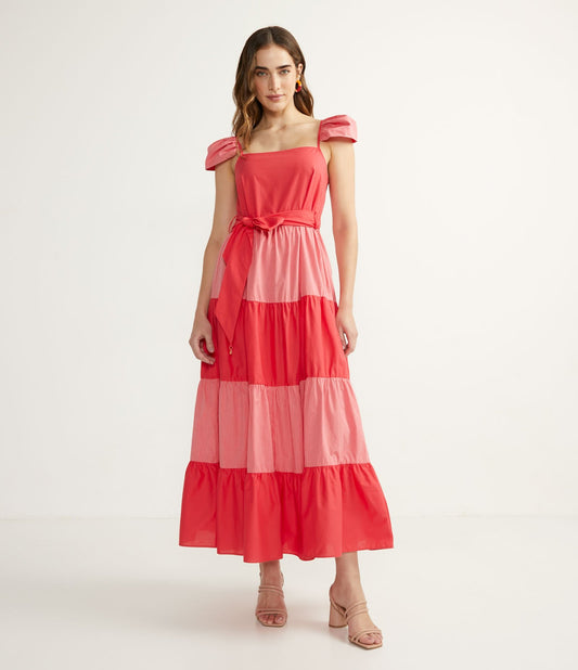 Vestido midi tricoline listrado com mangas bufantes e bainha com babados em vermelho