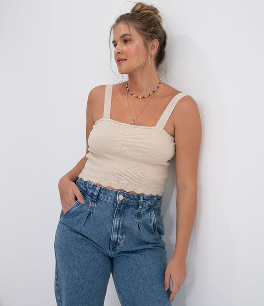 Beige Knitted Cropped Top with Wide Straps