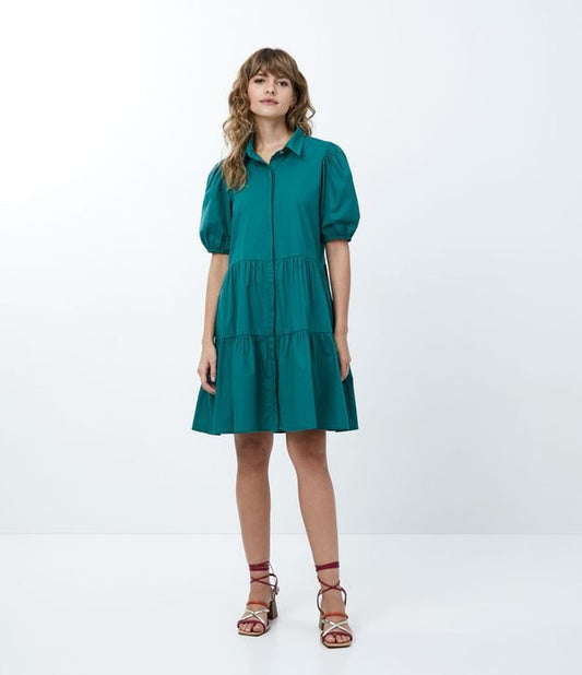 Vestito corto verde tricolore con gonna a balze