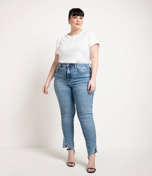 Jeans skinny con borchie e spacchi sul fondo, Curve e taglie forti, blu