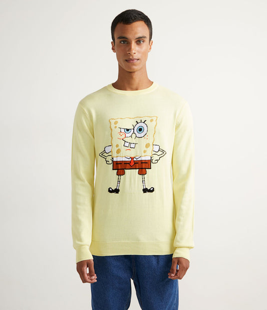Yellow Knitted Sweater with SpongeBob Print