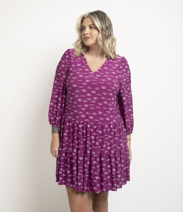 Vestido curto de jersey com estampa de olhos e saia com babados Curve & Plus Size Purple