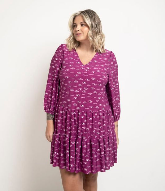 Vestito corto in jersey con stampa a occhi e gonna increspata Curve e taglie forti viola