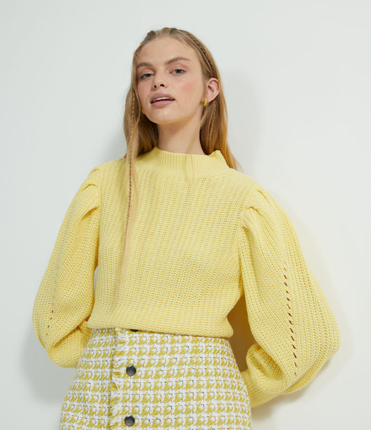 Yellow Knit Sweater with High Collar and Puff Sleeves