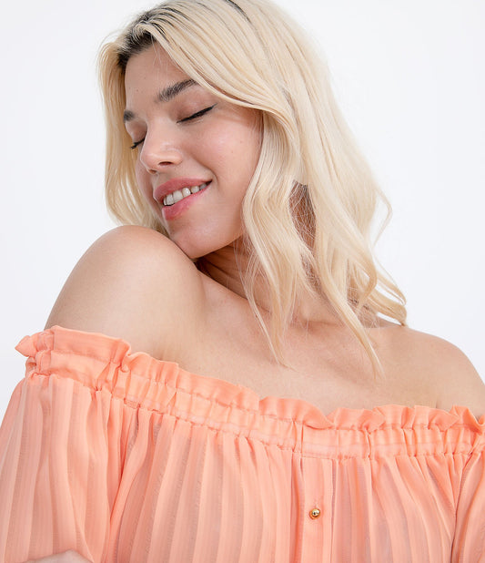 Orange Off-the-Shoulder Blouse with Buttons and Tie Detail