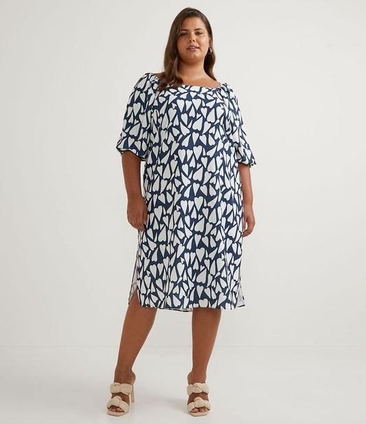 Vestito midi in crepe con stampa a cuore, Curve e taglie forti, blu