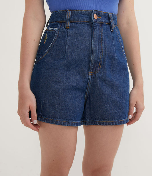 Short Baggy Jeans azul com pregas frontais