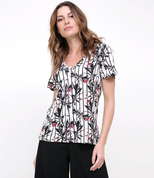 Floral Blouse with V-Neck in Sustainable Off-White Fabric