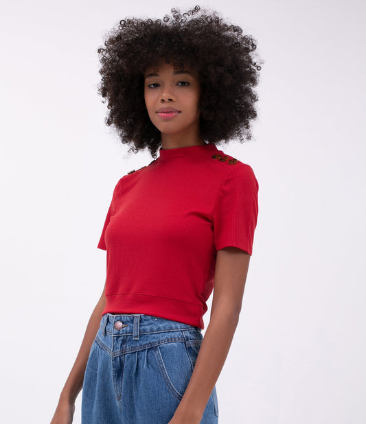 Blusa Cropped Vermelha com Botões nos Ombros