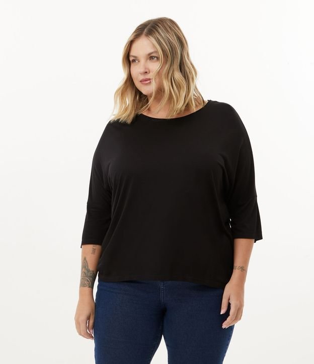 Camicetta Basic ampia con maniche a 3/4, taglie forti e taglie forti, nero