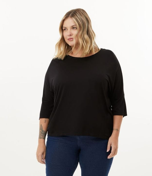 Camicetta Basic ampia con maniche a 3/4, taglie forti e taglie forti, nero