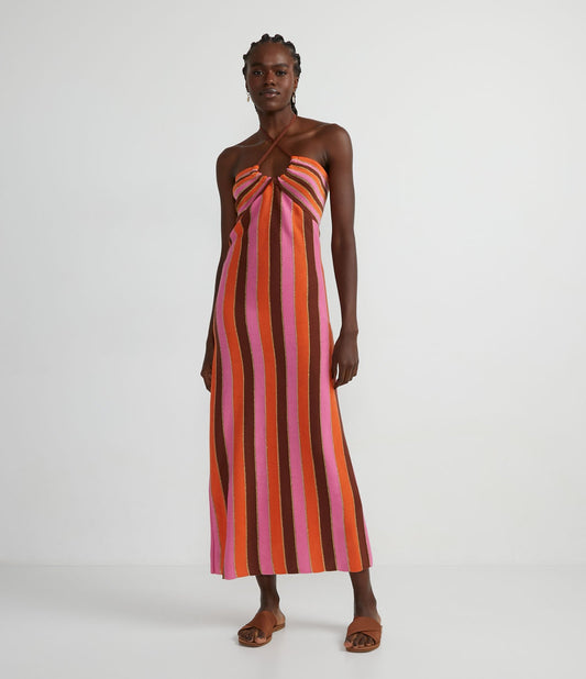 Vestido midi de tricô listrado multicolorido com decote haltere