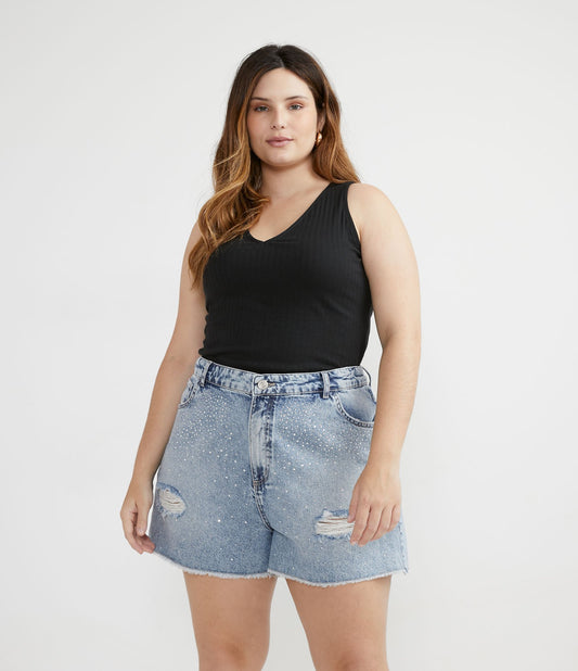 Camiseta com gola em V com nervuras, Curve & Plus Size, preta