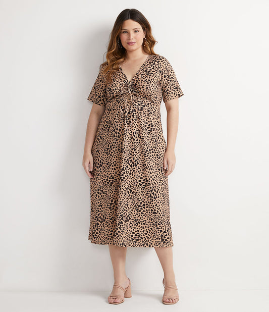 Vestido midi bege com estampa animal - Curve e Plus Size