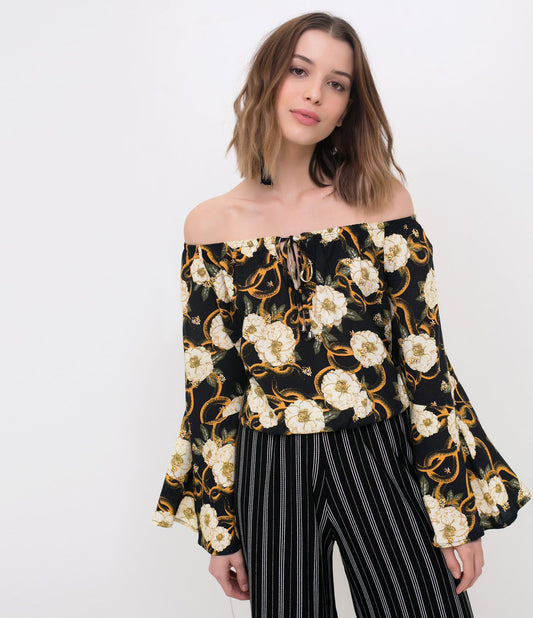 Floral Tie-Front Blouse in Black