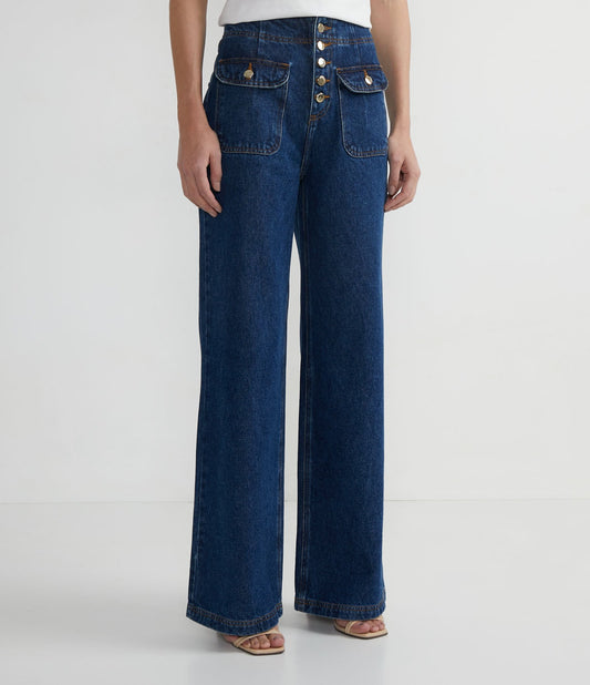 Calça jeans de perna larga com botões e bolsos aplicados - Azul
