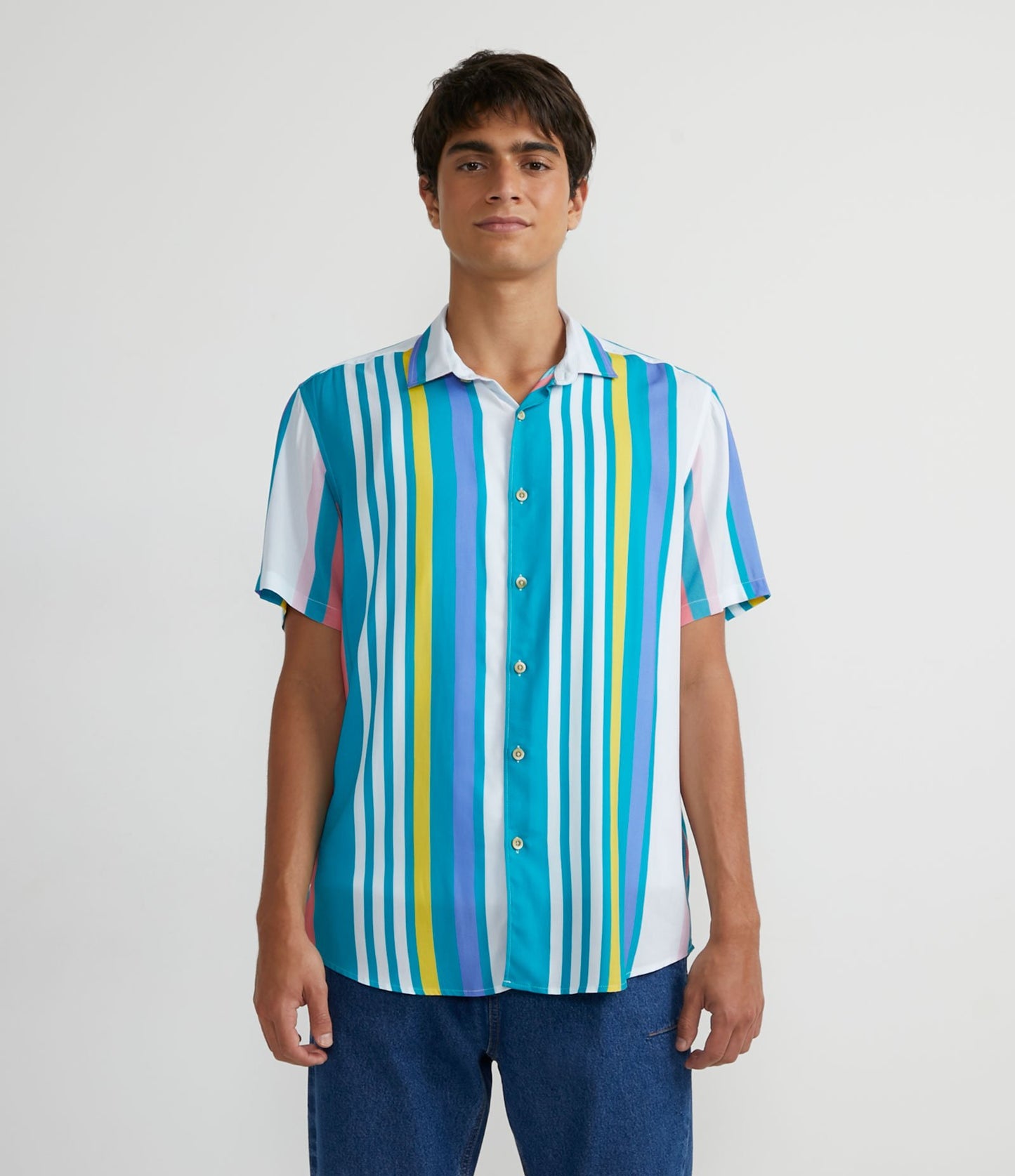 Short Sleeve Viscose Shirt with Vertical White Stripes