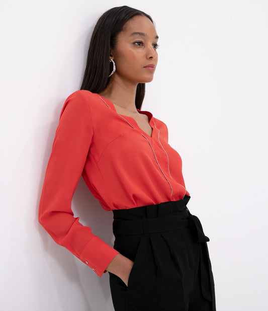Red Long Sleeve V-Neck Blouse with Metal Trim