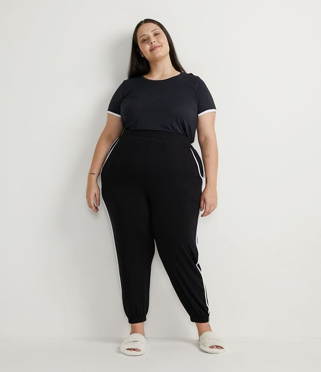 Pantalón jogger de viscolycra con ribete en contraste, Curvas y tallas grandes, Negro