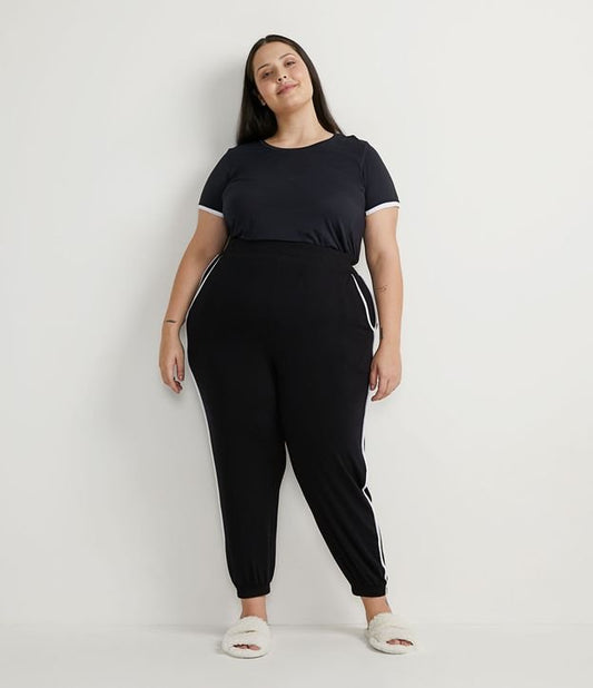 Pantalón jogger de viscolycra con ribete en contraste, Curvas y tallas grandes, Negro