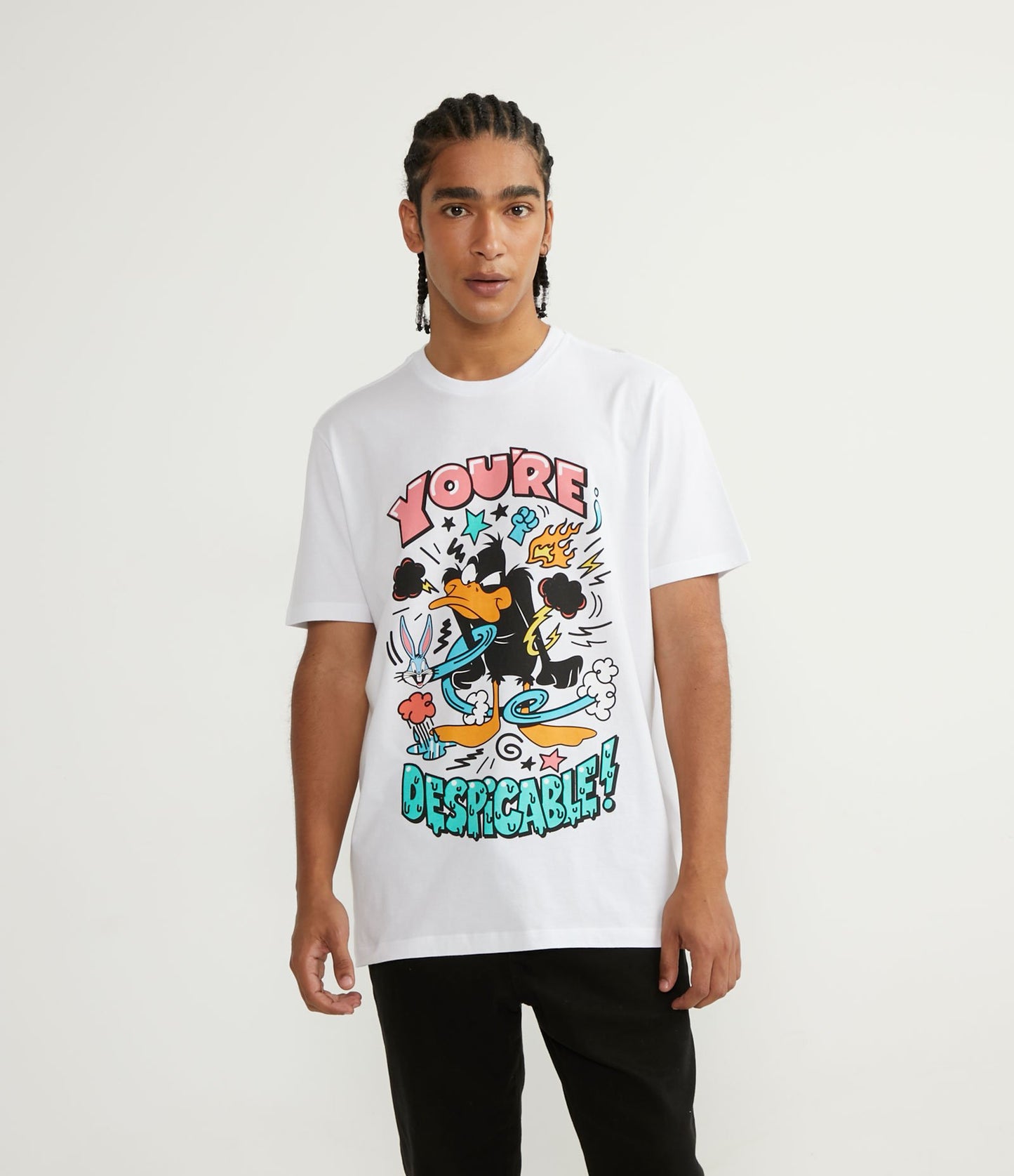 Maglietta bianca a maniche corte in cotone con stampa di Daffy Duck