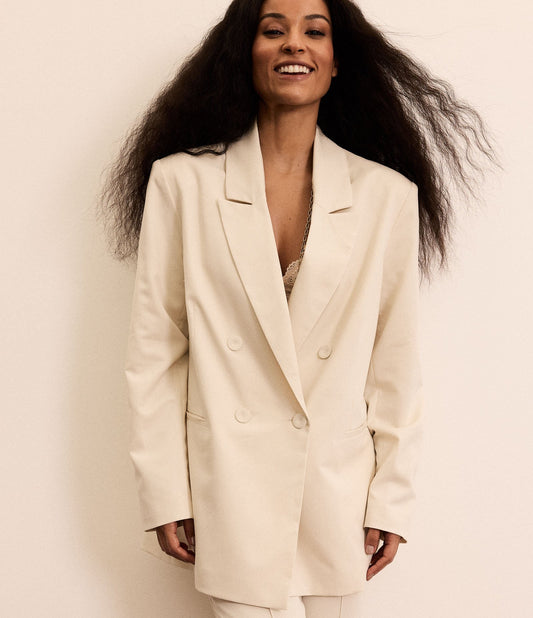 Boho Tailored Double-Breasted Blazer with Front Pockets in Off White