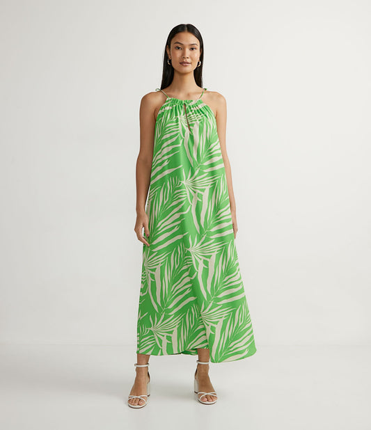 Vestito midi con stampa a foglie verdi in tessuto crepe