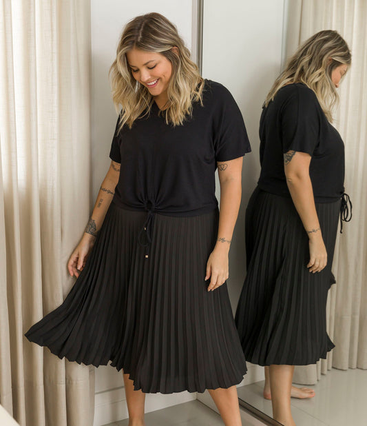 Gonna midi nera a pieghe con elastico in vita - Curve e taglie forti