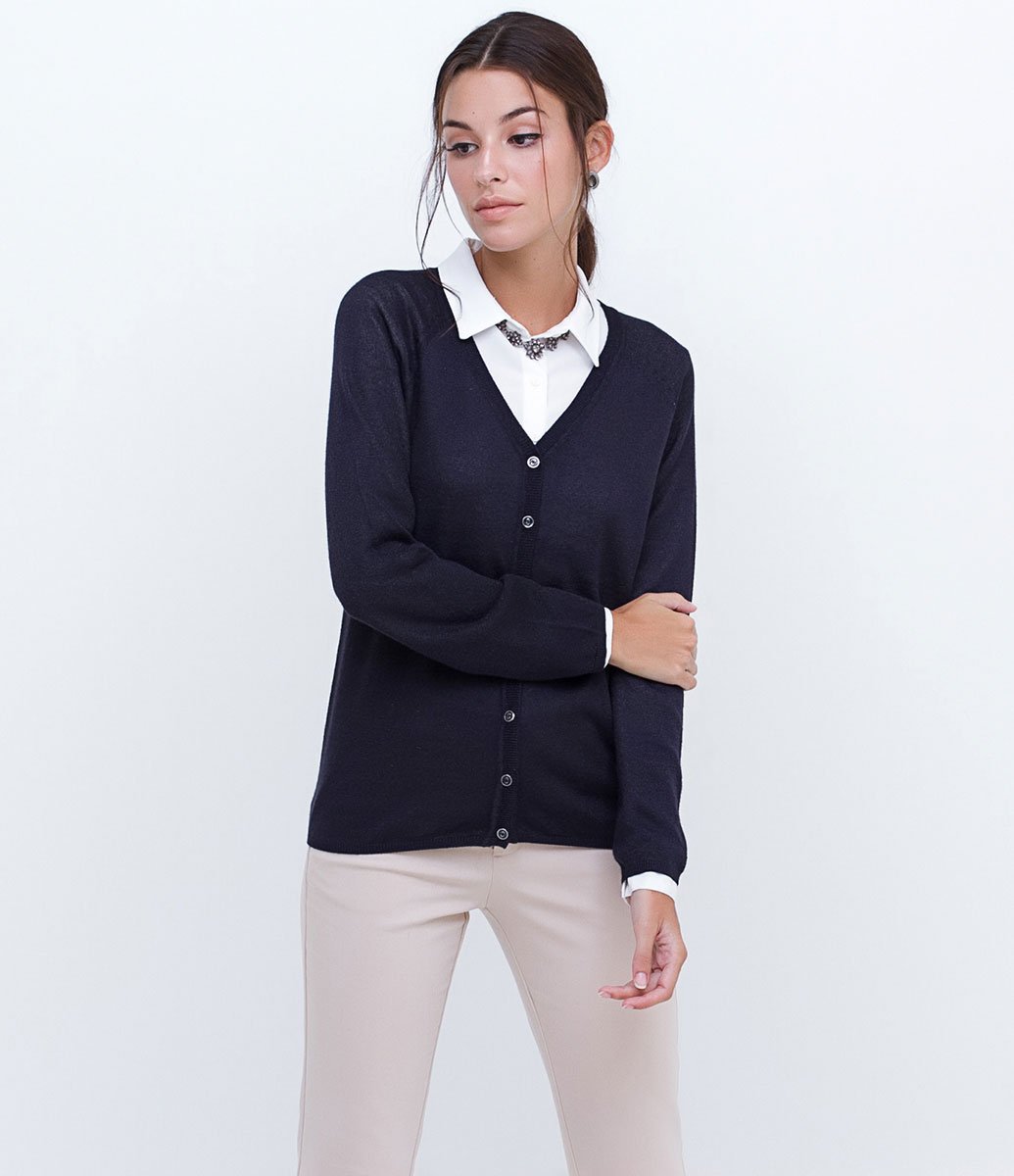 Navy Blue Metallic Thread Knit Cardigan