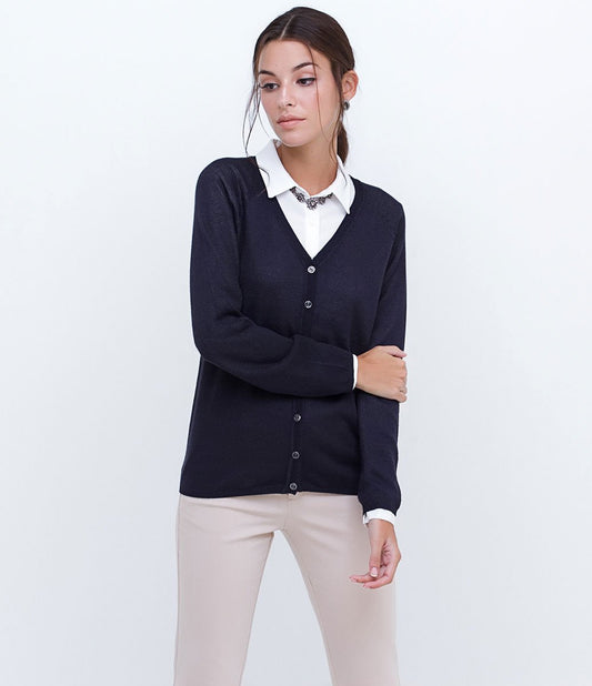 Navy Blue Metallic Thread Knit Cardigan