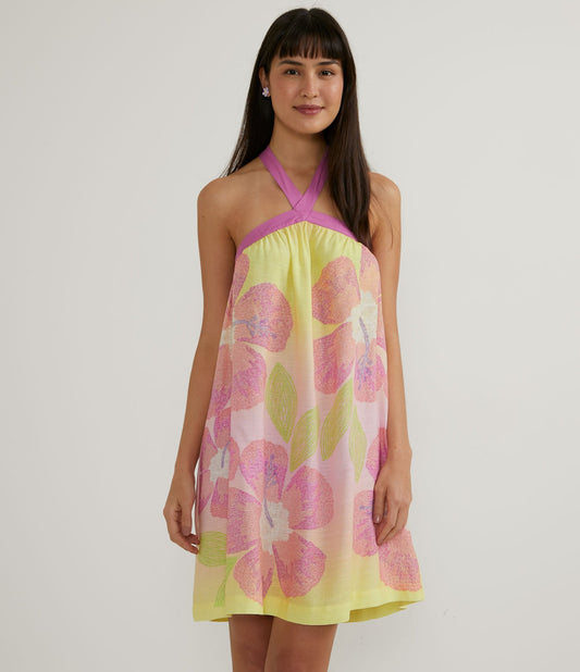 Vestido Corto Cuello Halter en Viscosa Estampado Floral Rosa