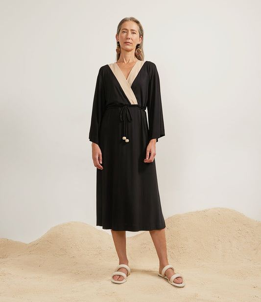 Vestito midi in lycra di viscosa con scollo a V e laccetti in vita a contrasto - Nero