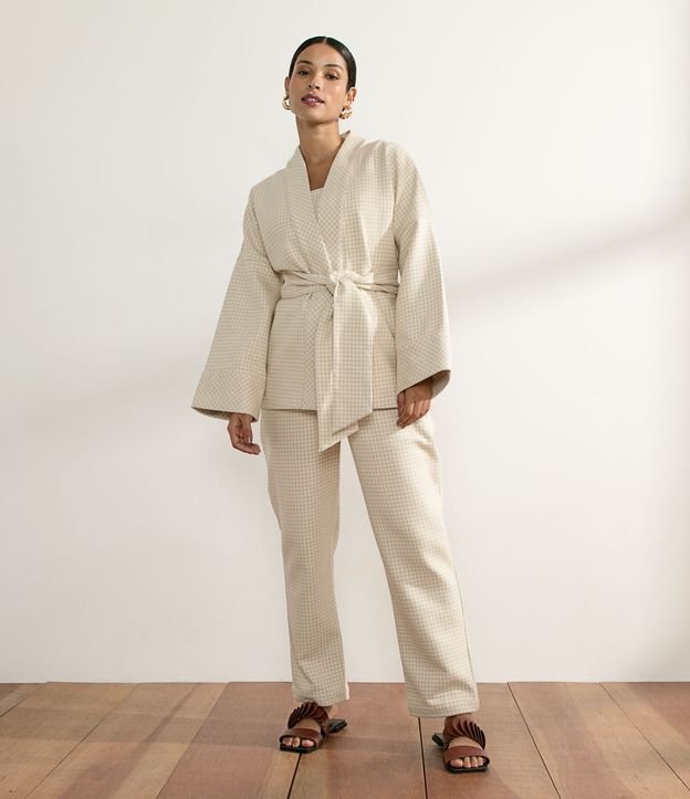 Kimono de algodão xadrez Pied-de-Poule com cinto de faixa bege