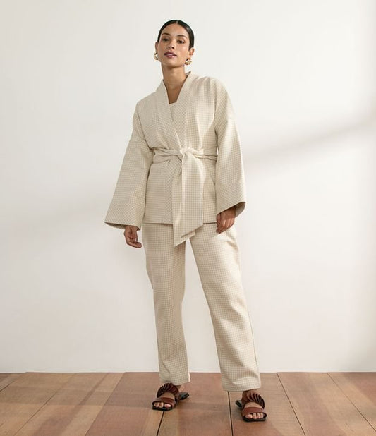 Kimono in cotone Pied-de-Poule a quadri con cintura a fascia beige