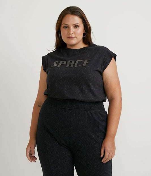 Camicetta in cotone a maniche corte con ricamo, Space Curve e taglie forti, nero